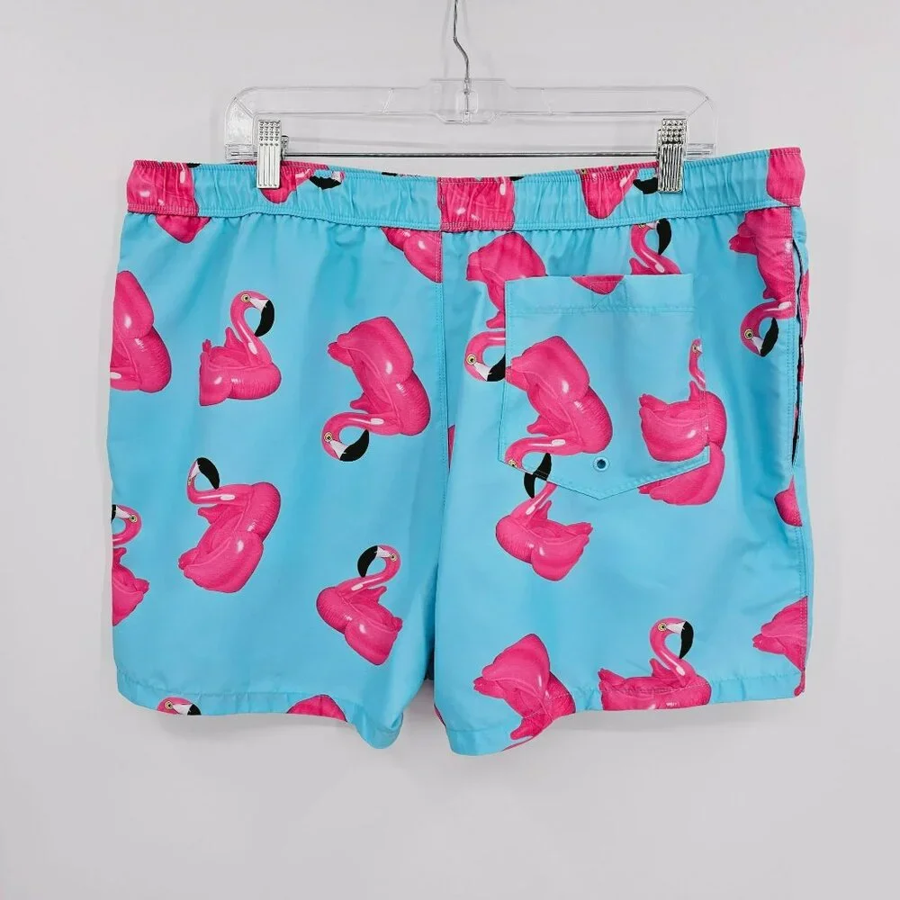Asos Swim Shorts 2XL Blue Pink Flamingo Print Unlined Pockets Elastic Waist Tie